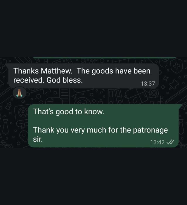 WhatsApp message from Dr Toyin confirming goods received and thanking Sunsyc Energy for the patronage