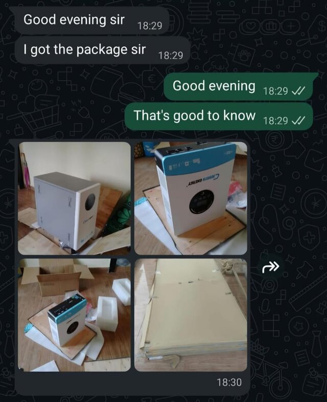 WhatsApp message from Kekung Uyo confirming package received, with delivery photos showing the unboxed Cworth battery